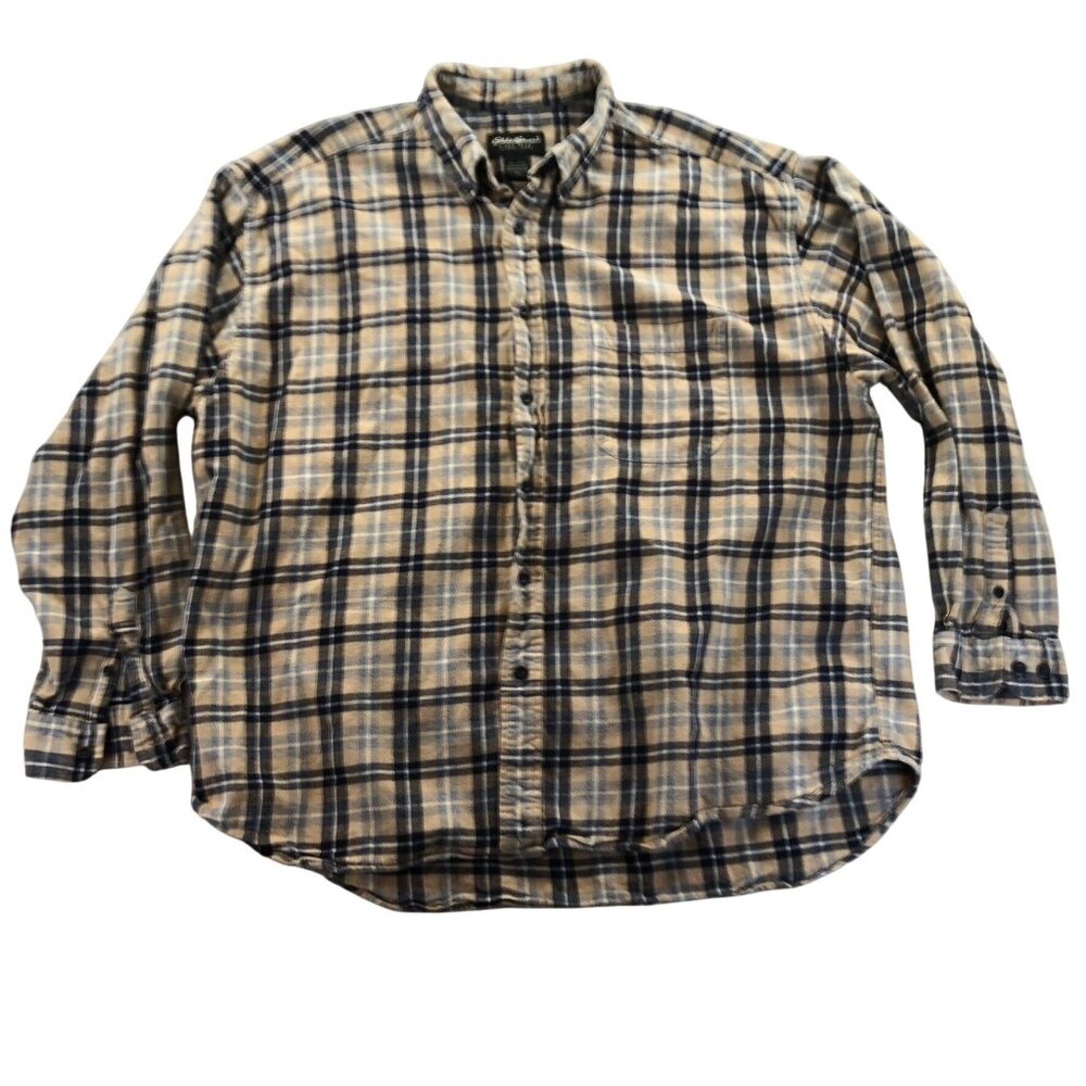 Eddie Bauer Mens Shirt XXL Brown Plaid Button-Down Flannel Long Sleeve Western